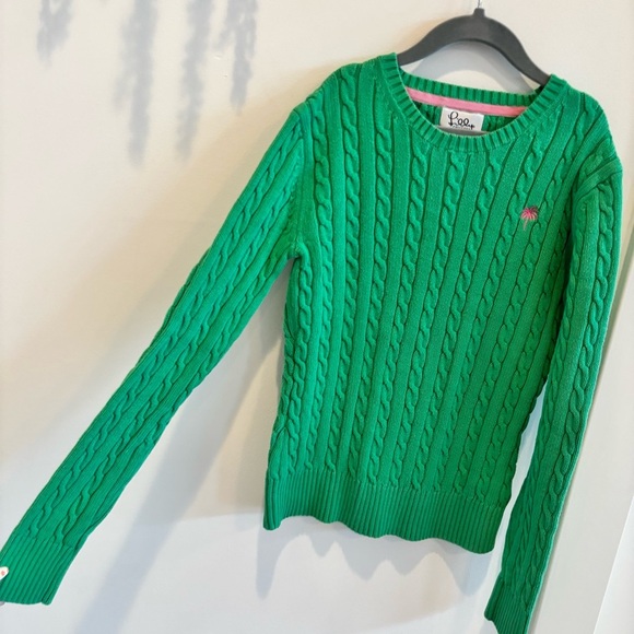 Lily Pulitzer Cable-Knit Crewneck Kelly Green Sweater Pink Logo Women's Size XS - Picture 4 of 9